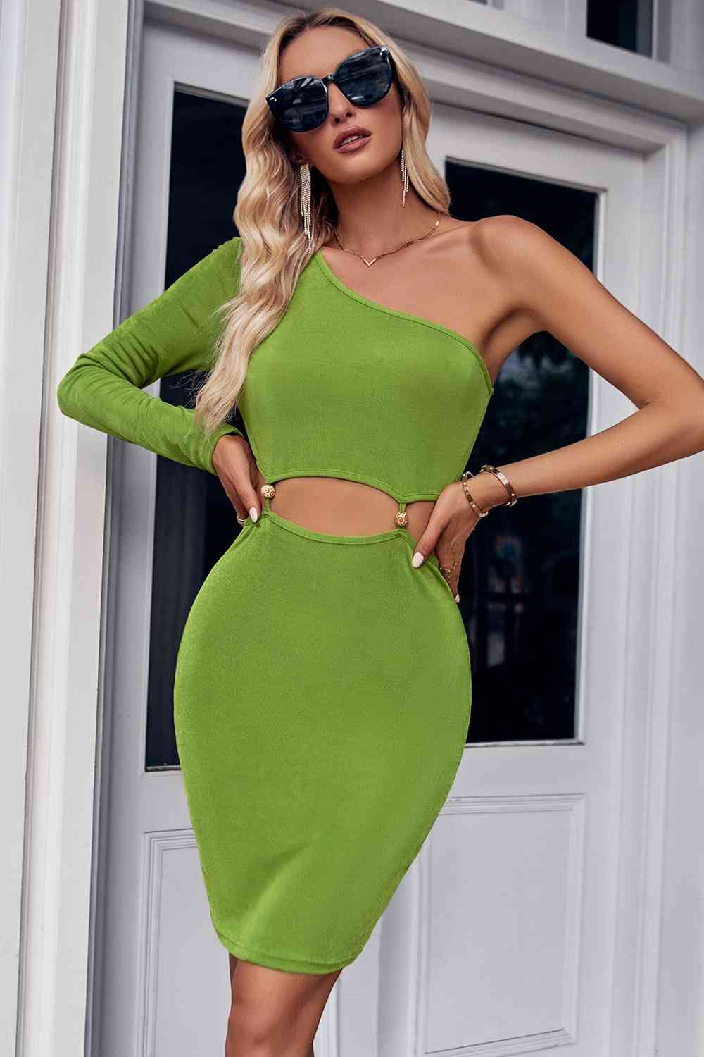 one shoulder cut out long sleeve dress Cut-out Sleeve Linen one-shoulder dress  shopaleena